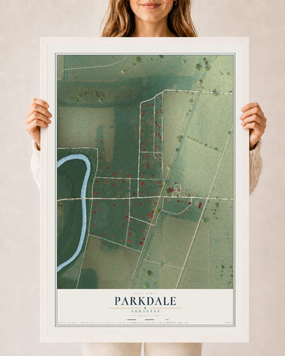 Map of Parkdale, Arkansas, 24 x 36 inch print in a white wood frame
