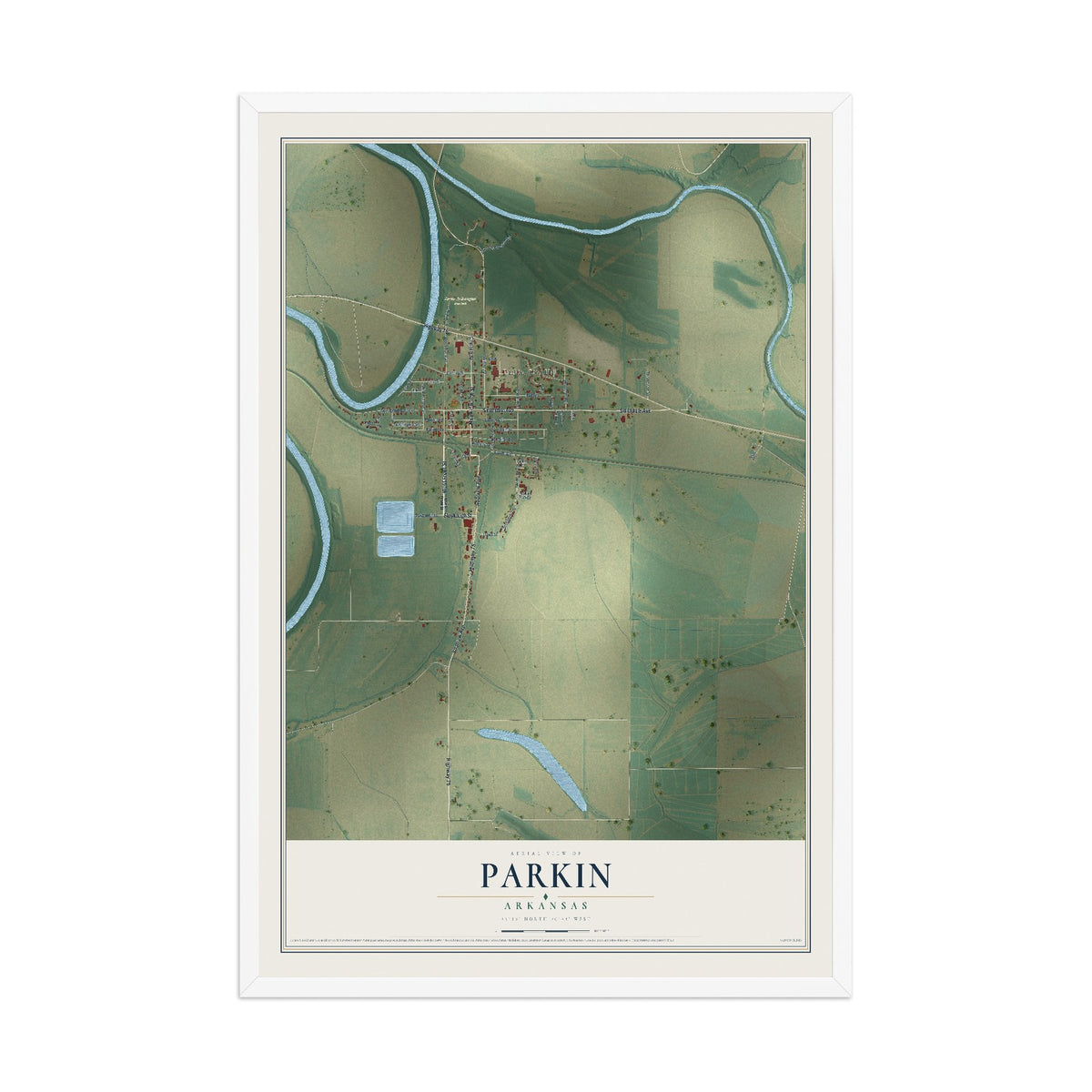 Map of Parkin, Arkansas, 12 x 18 inch print in a white wood frame