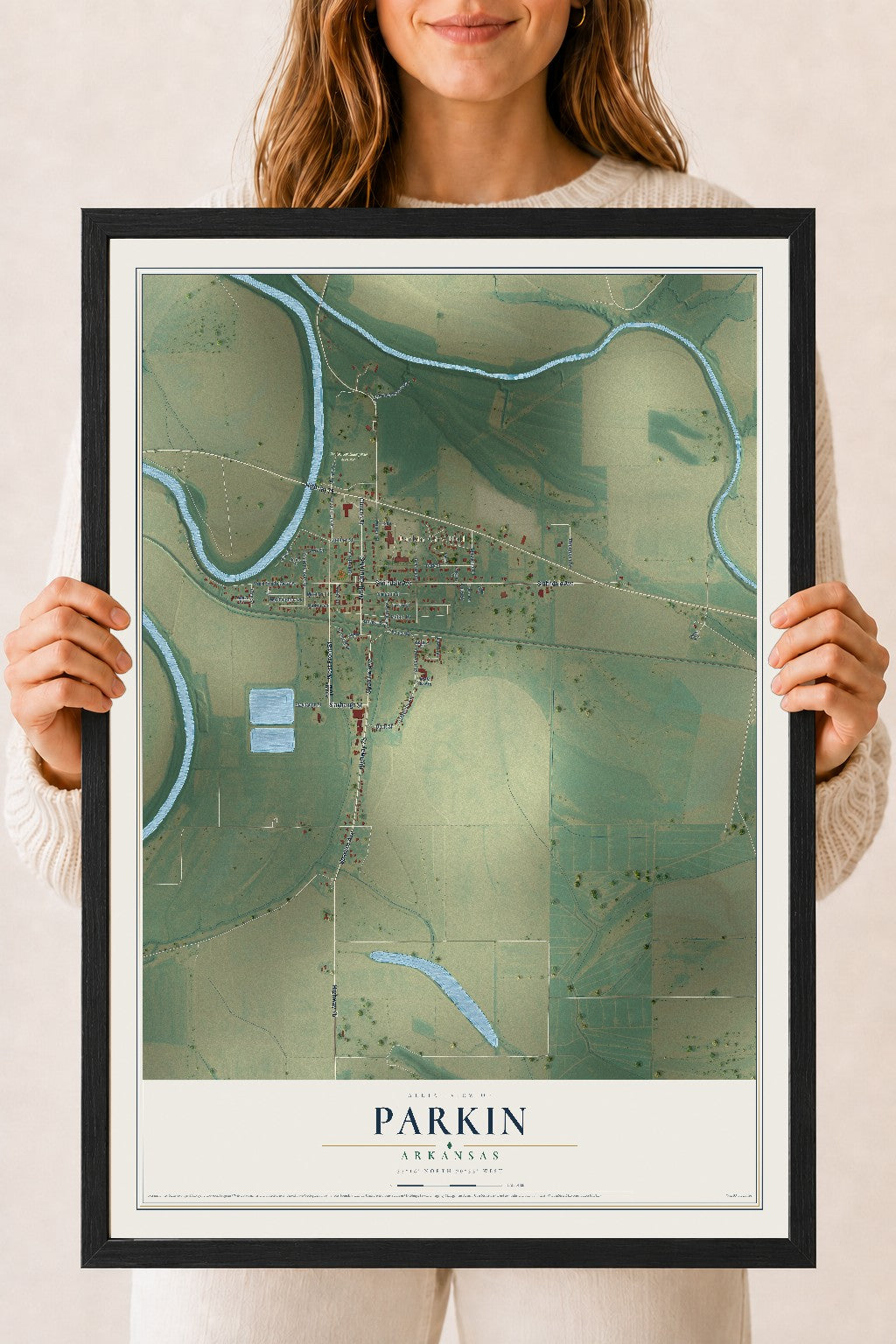 Map of Parkin, Arkansas, 18 x 24 inch print in a black wood frame
