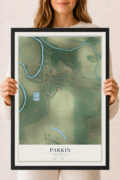 Map of Parkin, Arkansas, 18 x 24 inch print in a black wood frame