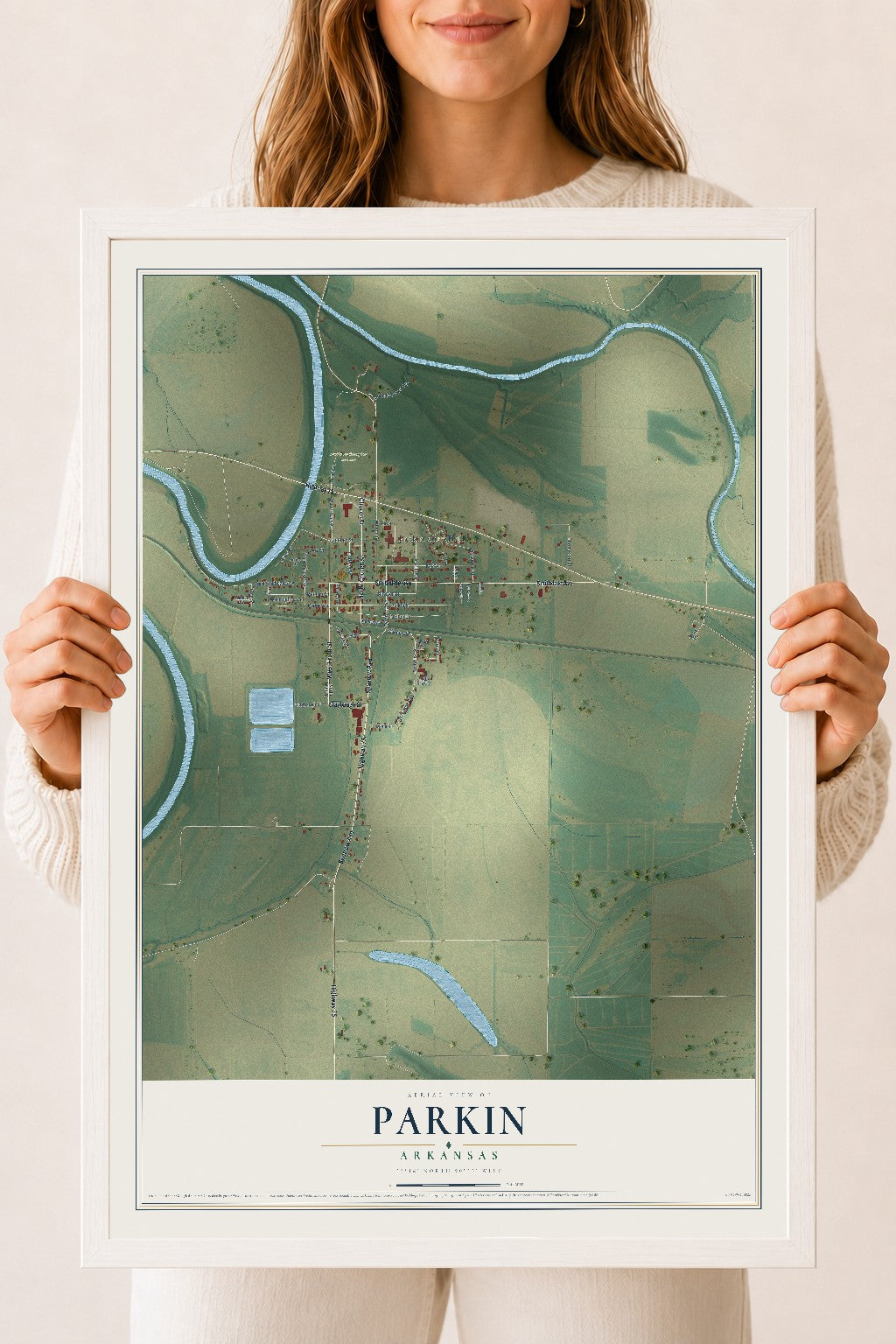 Map of Parkin, Arkansas, 18 x 24 inch print in a white wood frame