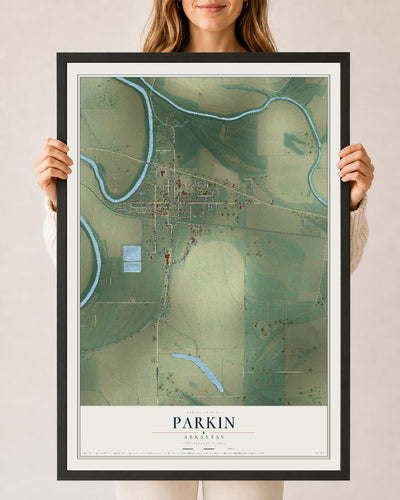 Map of Parkin, Arkansas, 24 x 36 inch print in a black wood frame