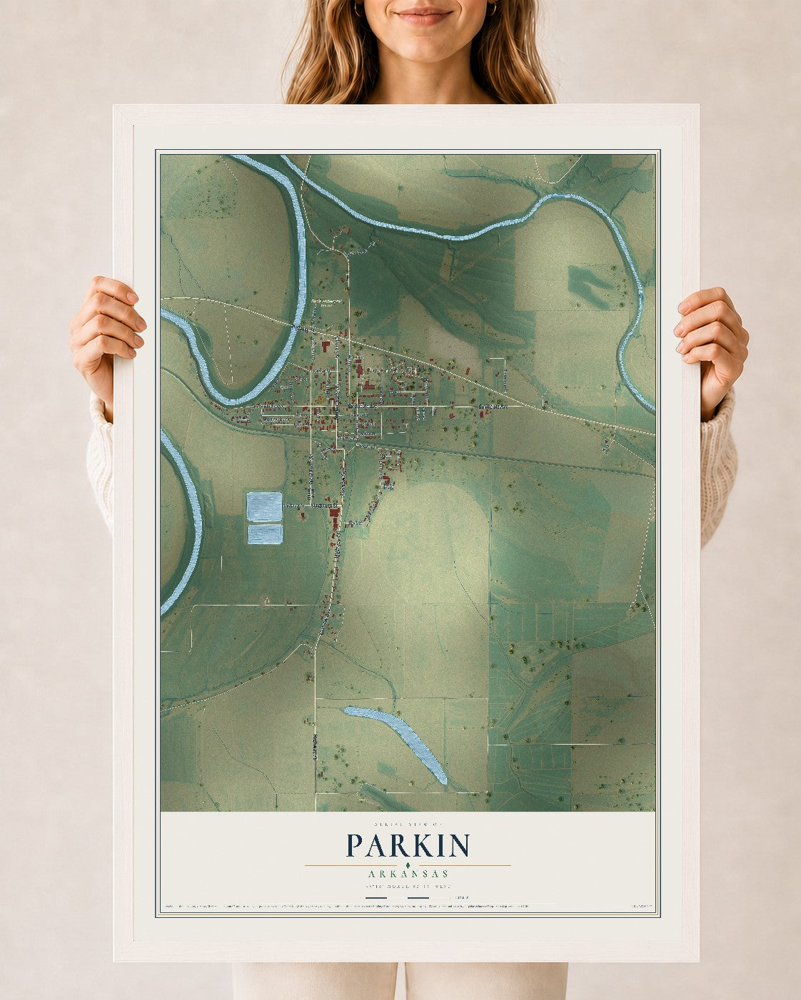 Map of Parkin, Arkansas, 24 x 36 inch print in a white wood frame