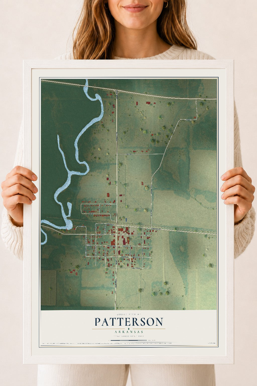 Map of Patterson, Arkansas, 18 x 24 inch print in a white wood frame