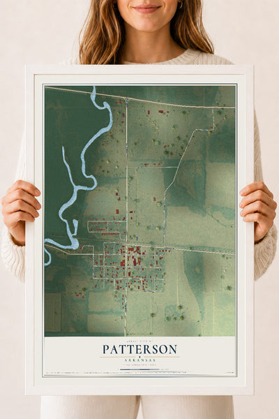Map of Patterson, Arkansas, 18 x 24 inch print in a white wood frame