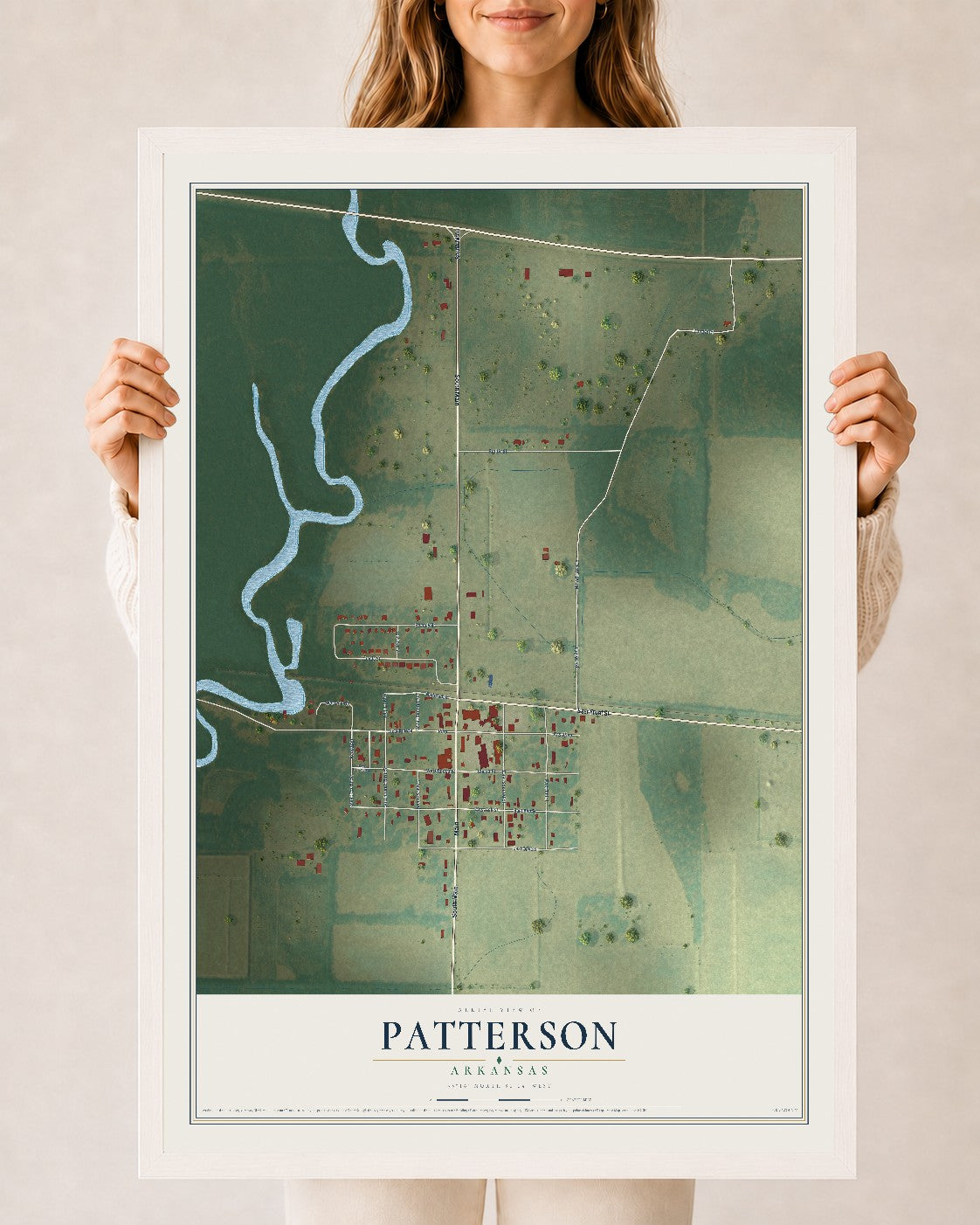 Map of Patterson, Arkansas, 24 x 36 inch print in a white wood frame