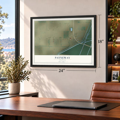 Payneway, Arkansas map, 18 x 24 inch print in a black frame in a home office
