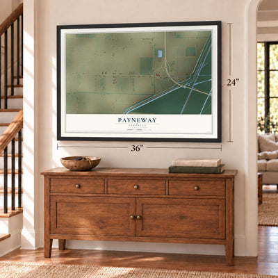 Payneway, Arkansas map, 24 x 36 inch print in a black frame above a dresser by a staircase