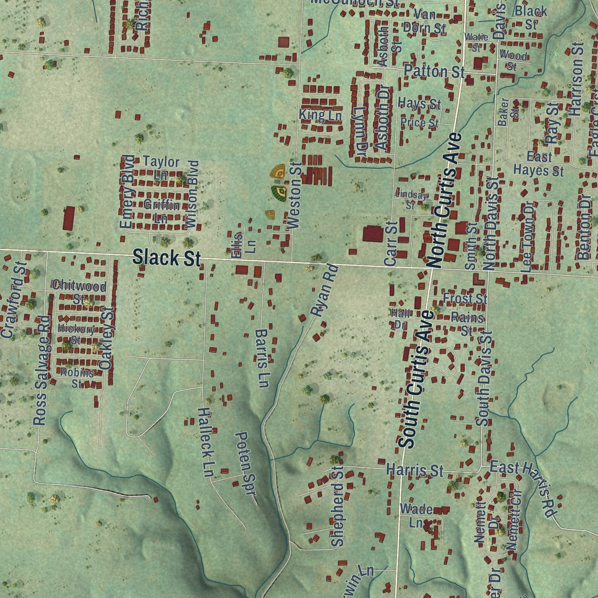 Close-up of the map of Pea Ridge, Arkansas print showing street and building detail