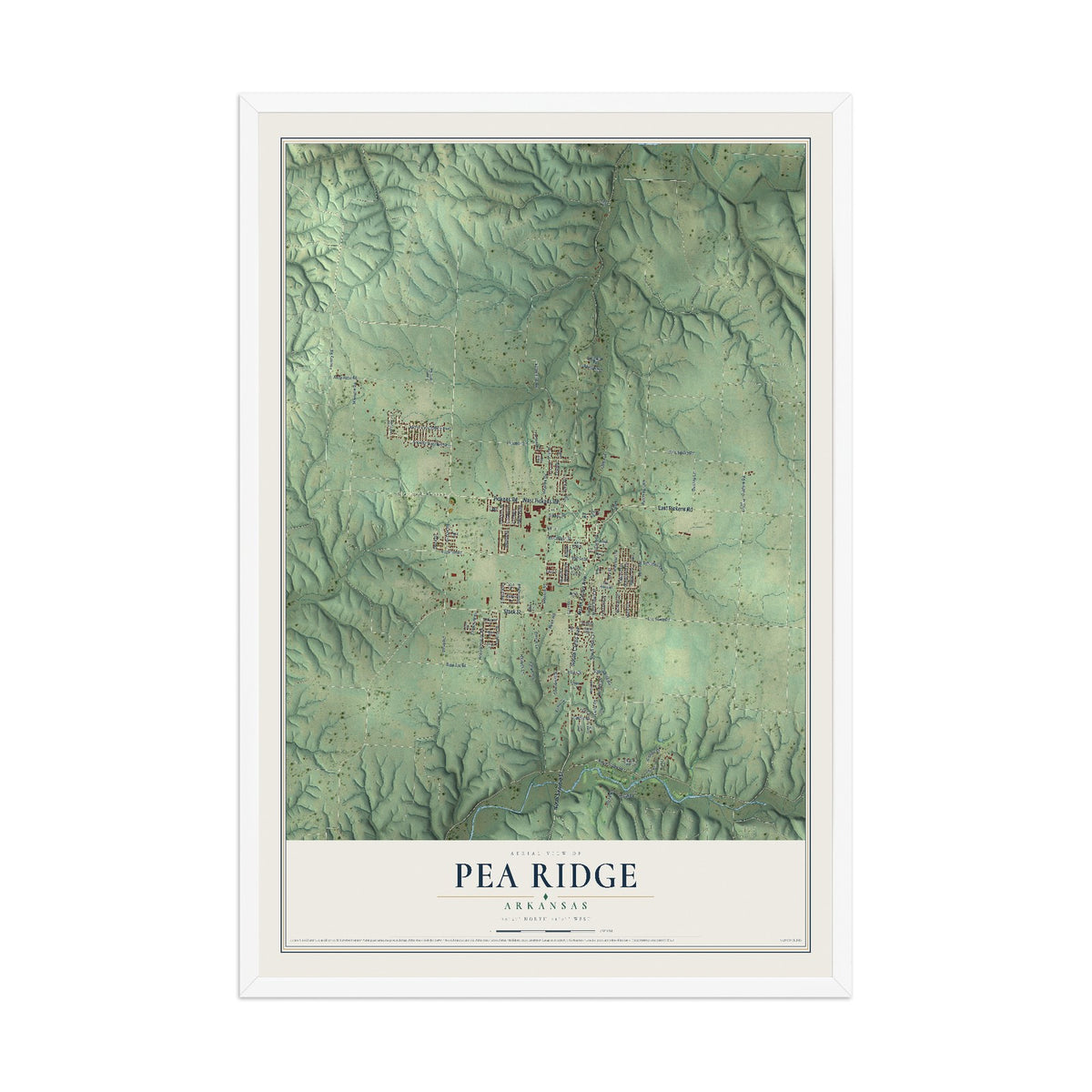 Map of Pea Ridge, Arkansas, 12 x 18 inch print in a white wood frame
