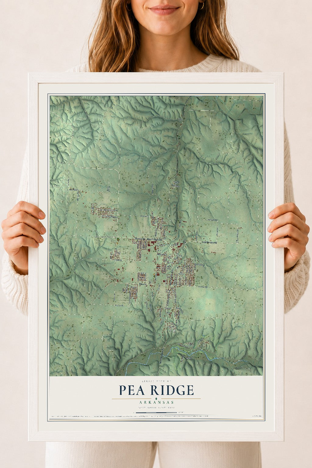 Map of Pea Ridge, Arkansas, 18 x 24 inch print in a white wood frame