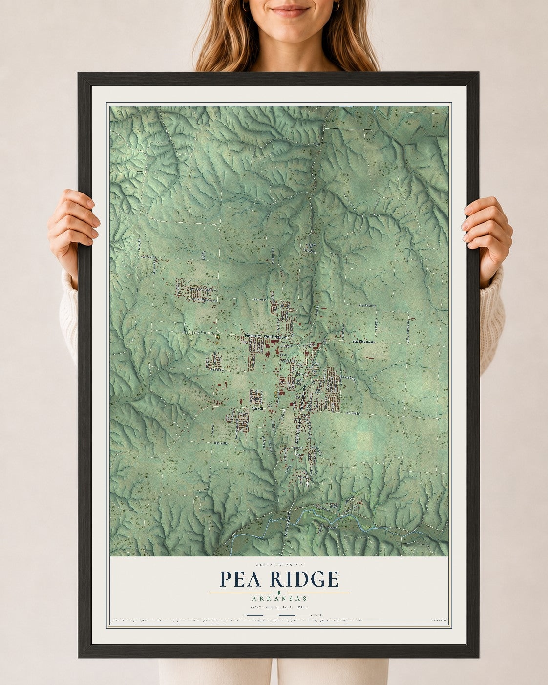 Map of Pea Ridge, Arkansas, 24 x 36 inch print in a black wood frame