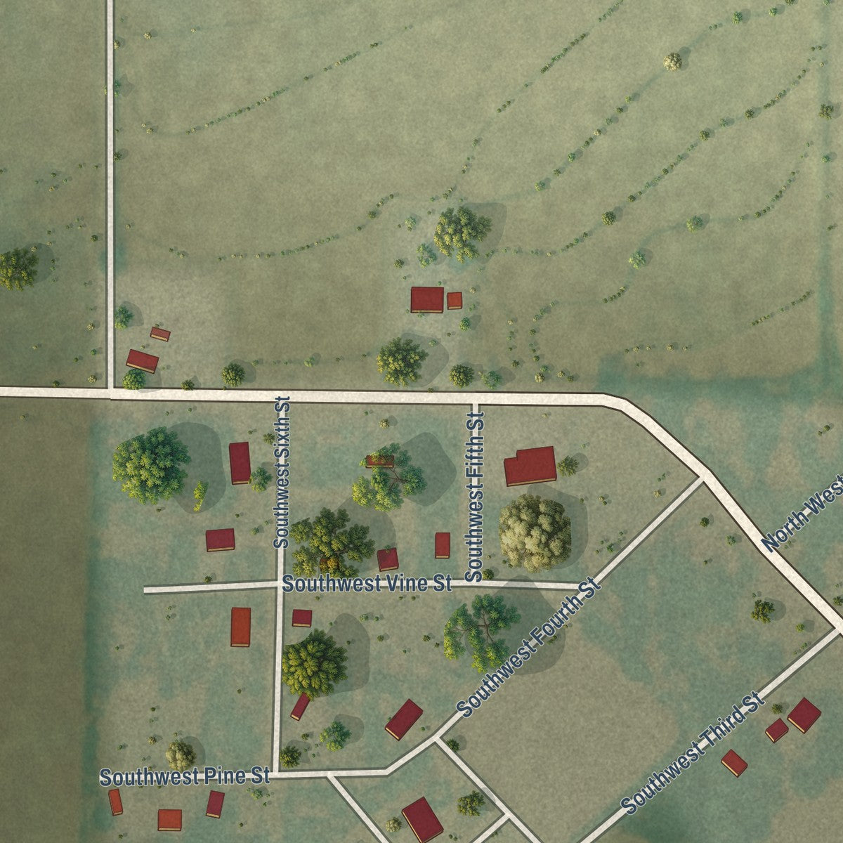 Second close-up of the map of Peach Orchard, Arkansas print showing more streets and buildings