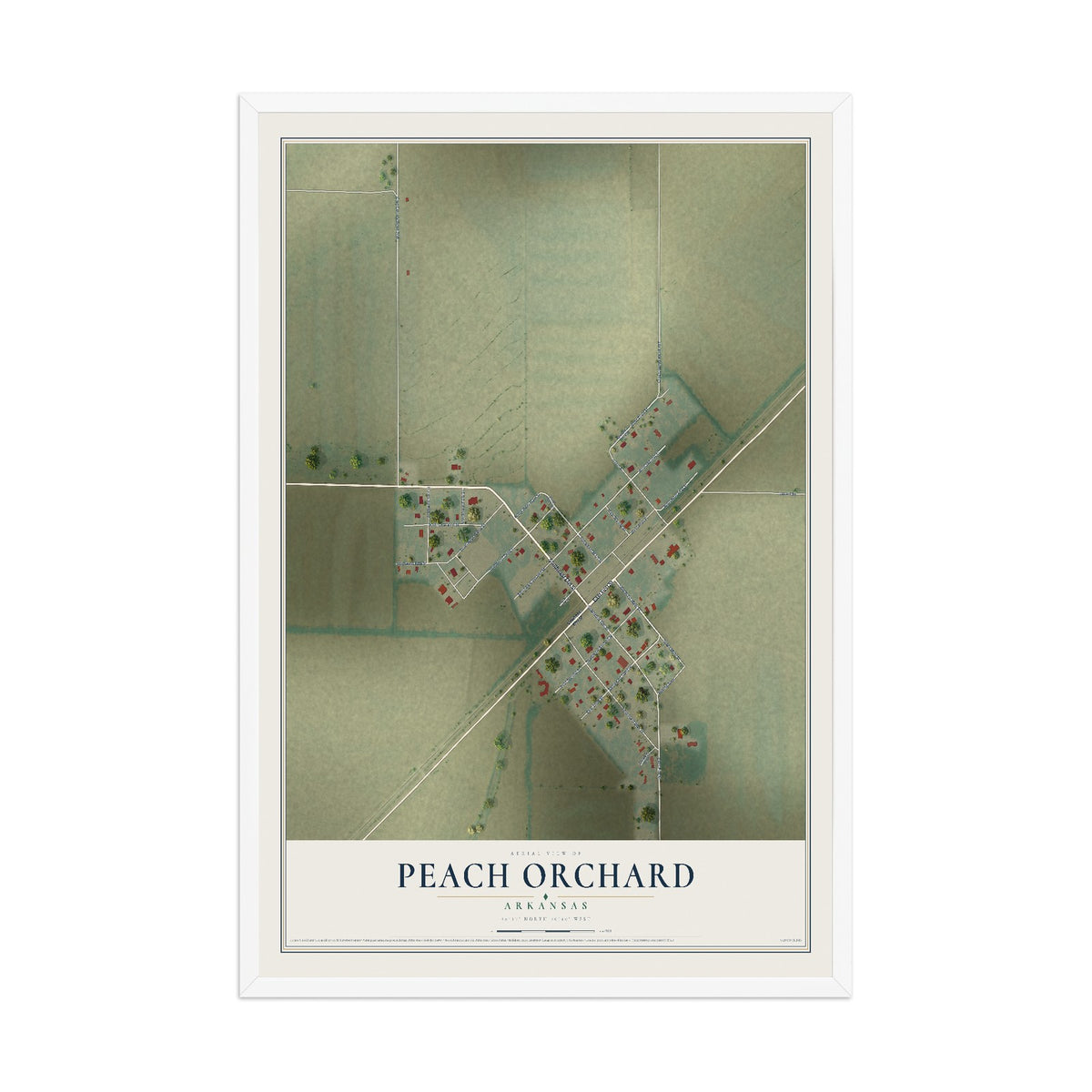 Map of Peach Orchard, Arkansas, 12 x 18 inch print in a white wood frame