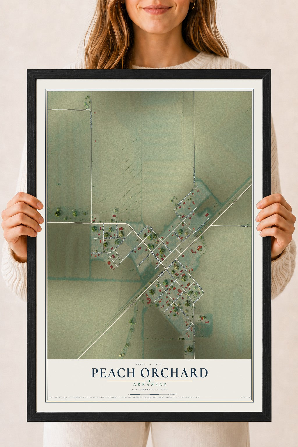 Map of Peach Orchard, Arkansas, 18 x 24 inch print in a black wood frame