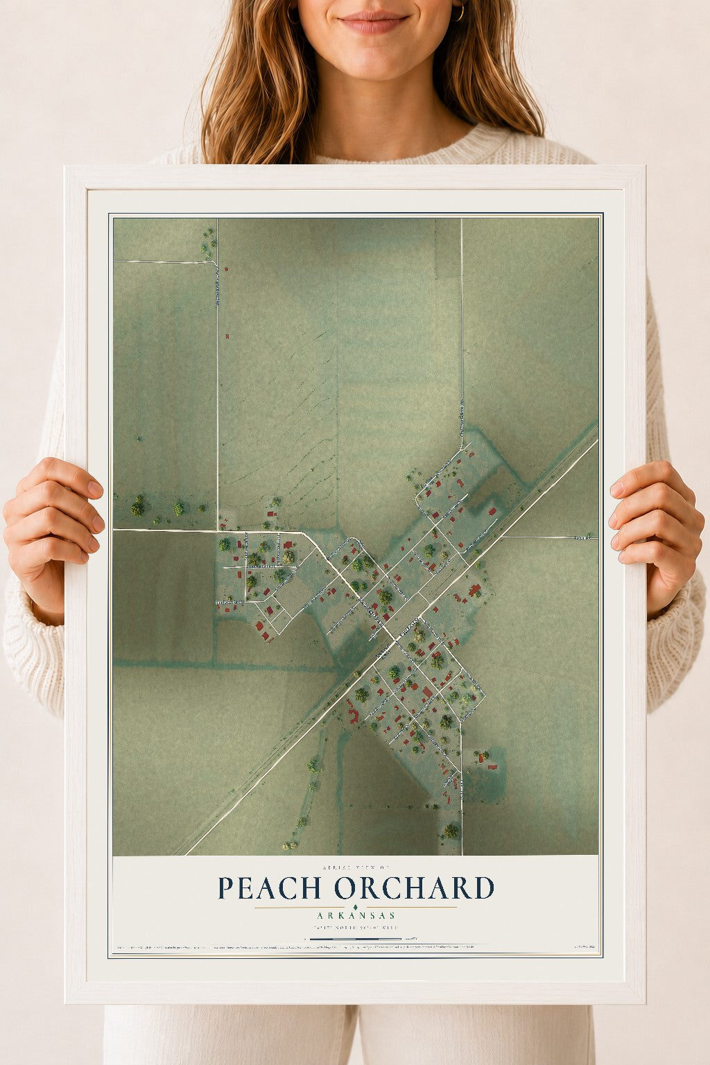 Map of Peach Orchard, Arkansas, 18 x 24 inch print in a white wood frame