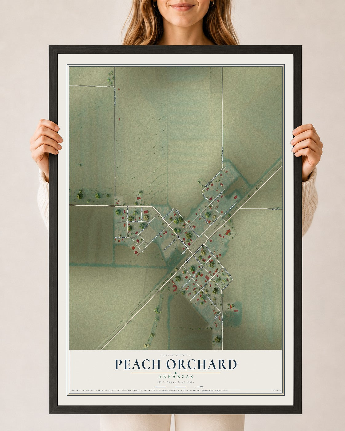 Map of Peach Orchard, Arkansas, 24 x 36 inch print in a black wood frame