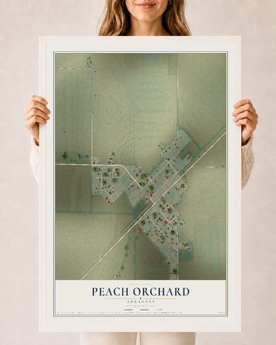 Map of Peach Orchard, Arkansas, 24 x 36 inch print in a white wood frame