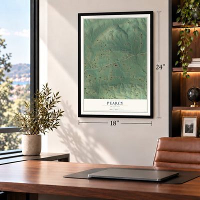Pearcy, Arkansas map, 18 x 24 inch print in a black frame in a home office