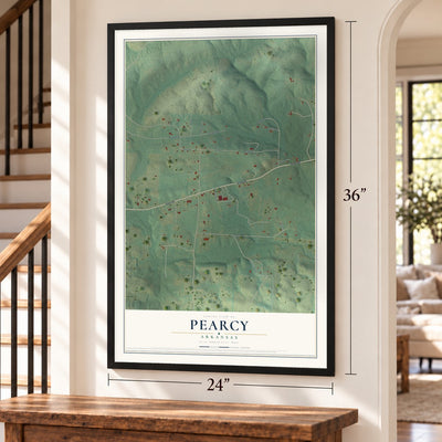 Pearcy, Arkansas map, 24 x 36 inch print in a black frame by a staircase