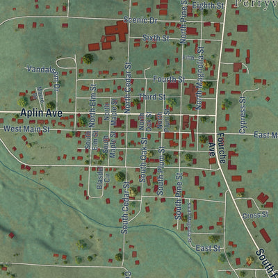 Close-up of the map of Perryville, Arkansas print showing street and building detail