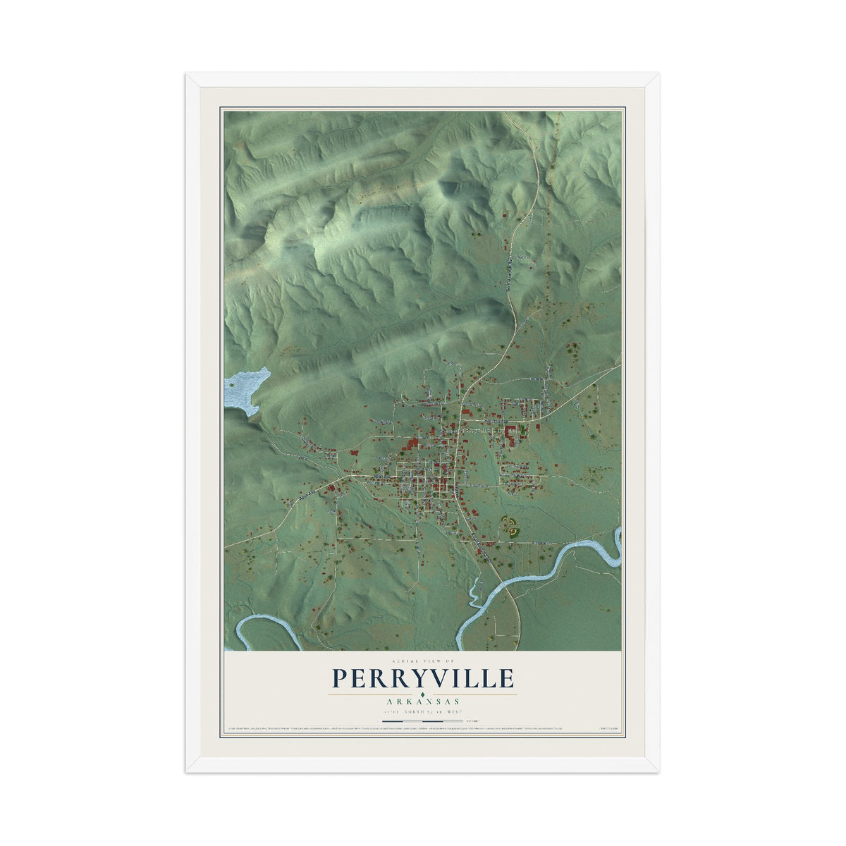 Map of Perryville, Arkansas, 12 x 18 inch print in a white wood frame