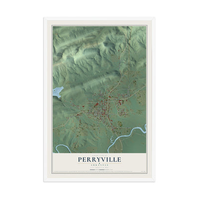 Map of Perryville, Arkansas, 12 x 18 inch print in a white wood frame