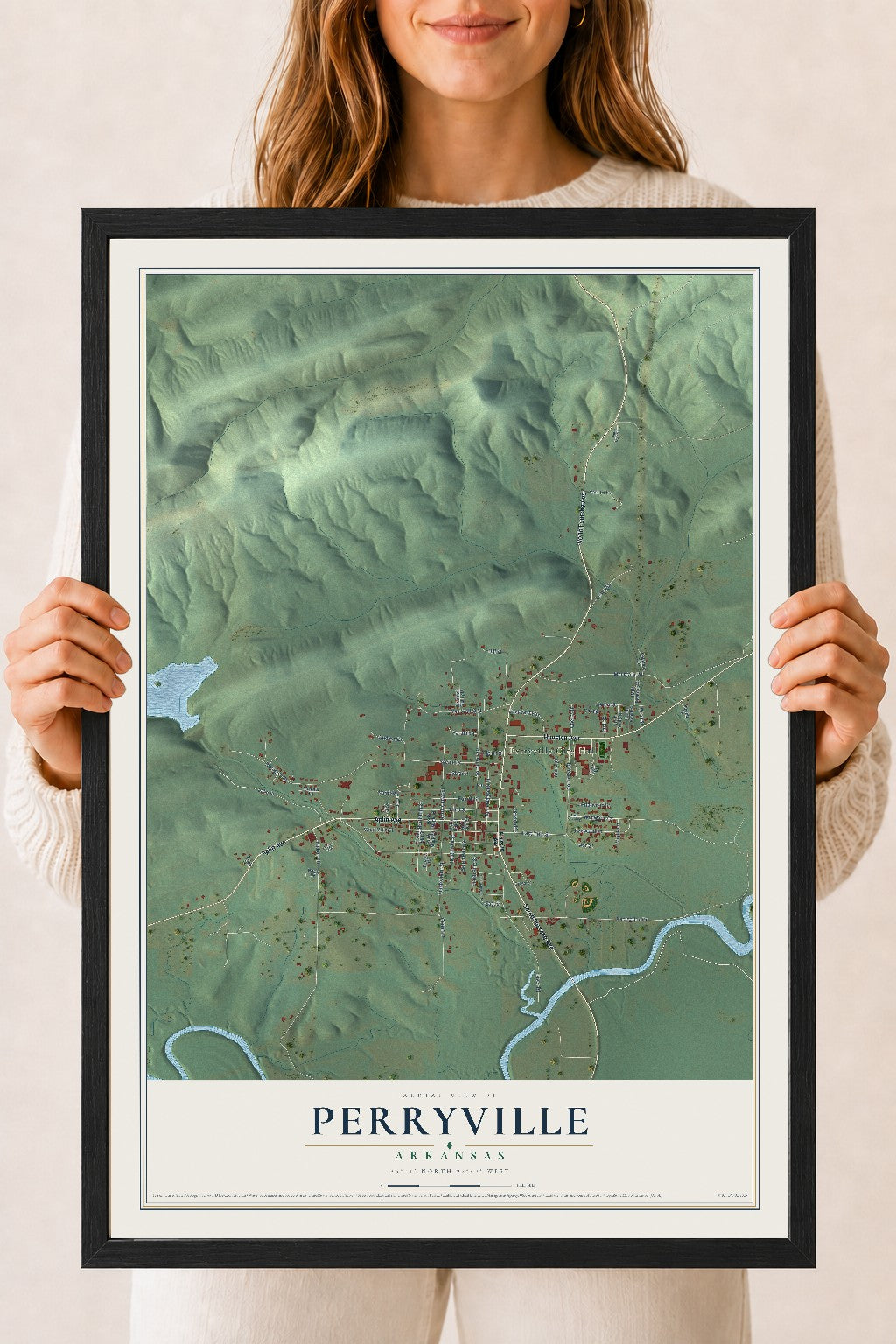 Map of Perryville, Arkansas, 18 x 24 inch print in a black wood frame