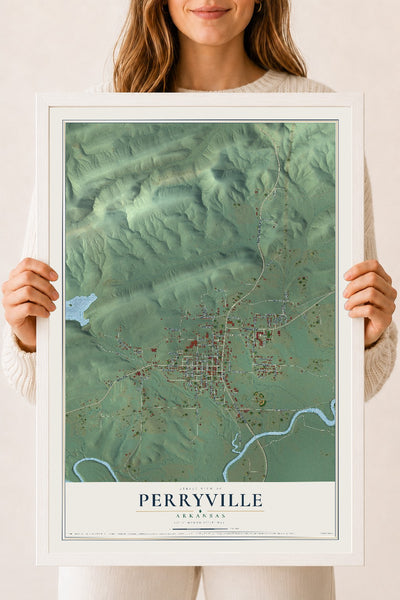 Map of Perryville, Arkansas, 18 x 24 inch print in a white wood frame