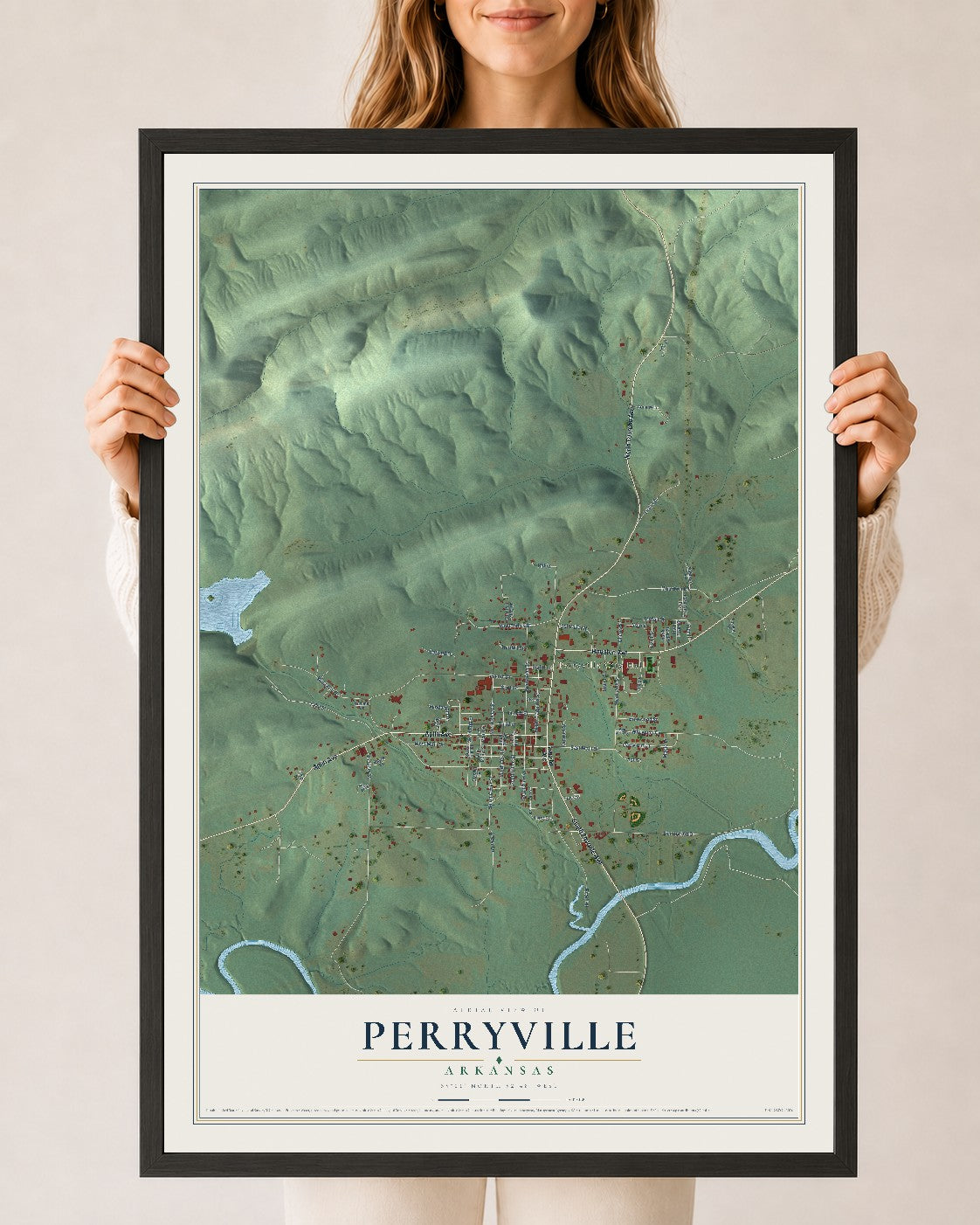 Map of Perryville, Arkansas, 24 x 36 inch print in a black wood frame