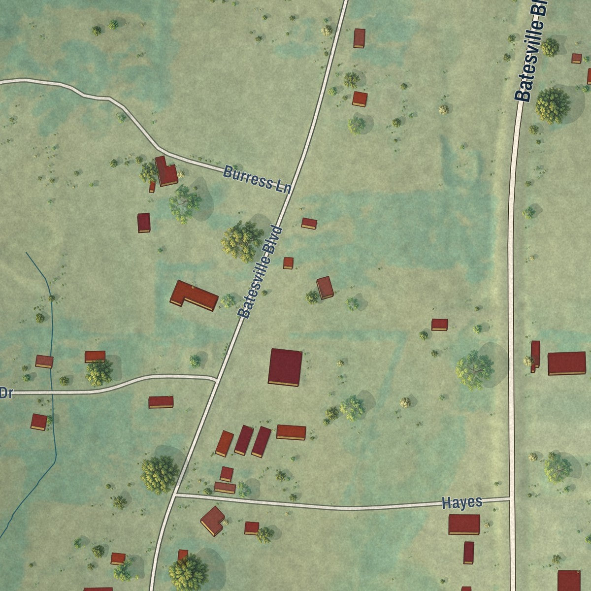 Second close-up of the map of Pleasant Plains, Arkansas print showing more streets and buildings
