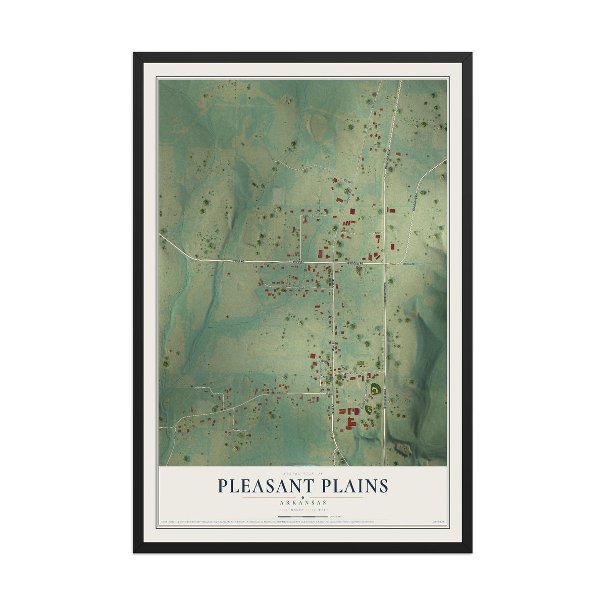 Map of Pleasant Plains, Arkansas, 12 x 18 inch print in a black wood frame