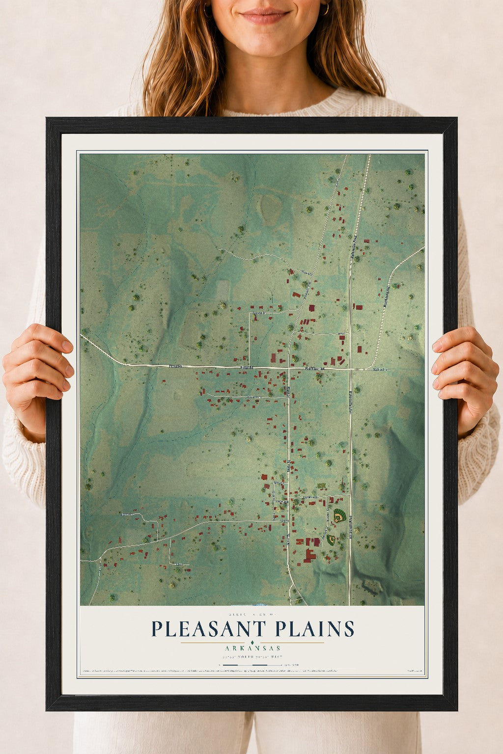 Map of Pleasant Plains, Arkansas, 18 x 24 inch print in a black wood frame