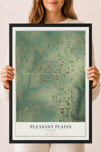 Map of Pleasant Plains, Arkansas, 18 x 24 inch print in a black wood frame