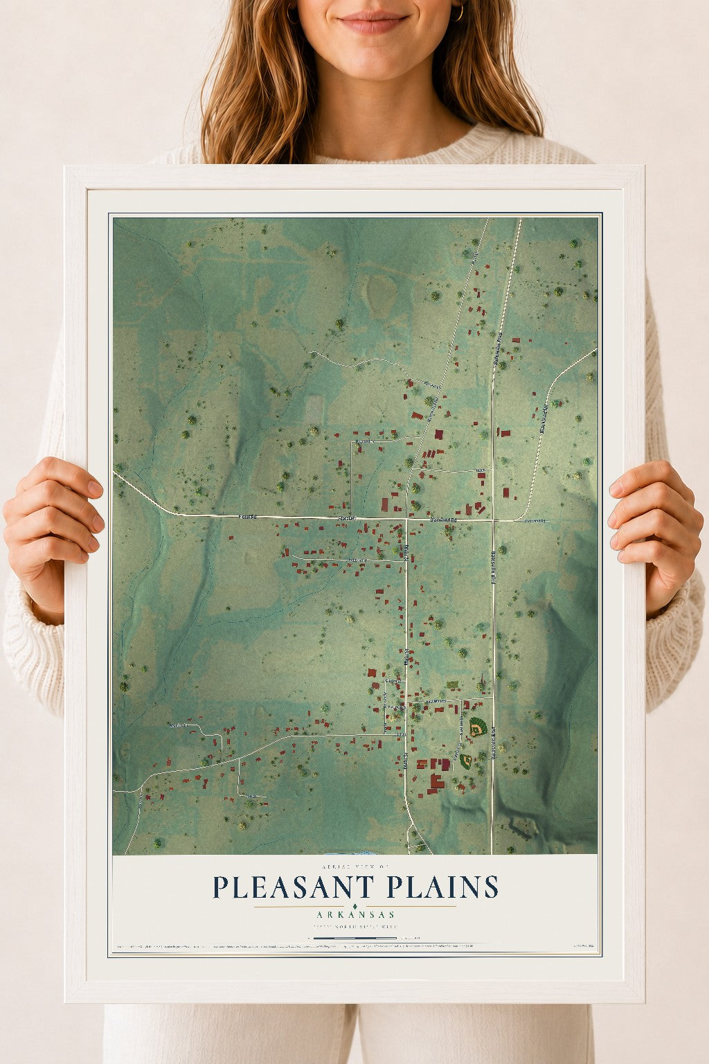 Map of Pleasant Plains, Arkansas, 18 x 24 inch print in a white wood frame