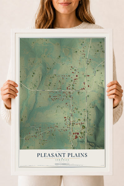 Map of Pleasant Plains, Arkansas, 18 x 24 inch print in a white wood frame
