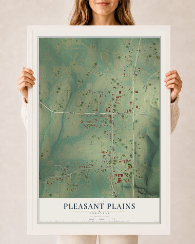 Map of Pleasant Plains, Arkansas, 24 x 36 inch print in a white wood frame