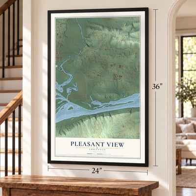 Pleasant View, Arkansas map, 24 x 36 inch print in a black frame by a staircase