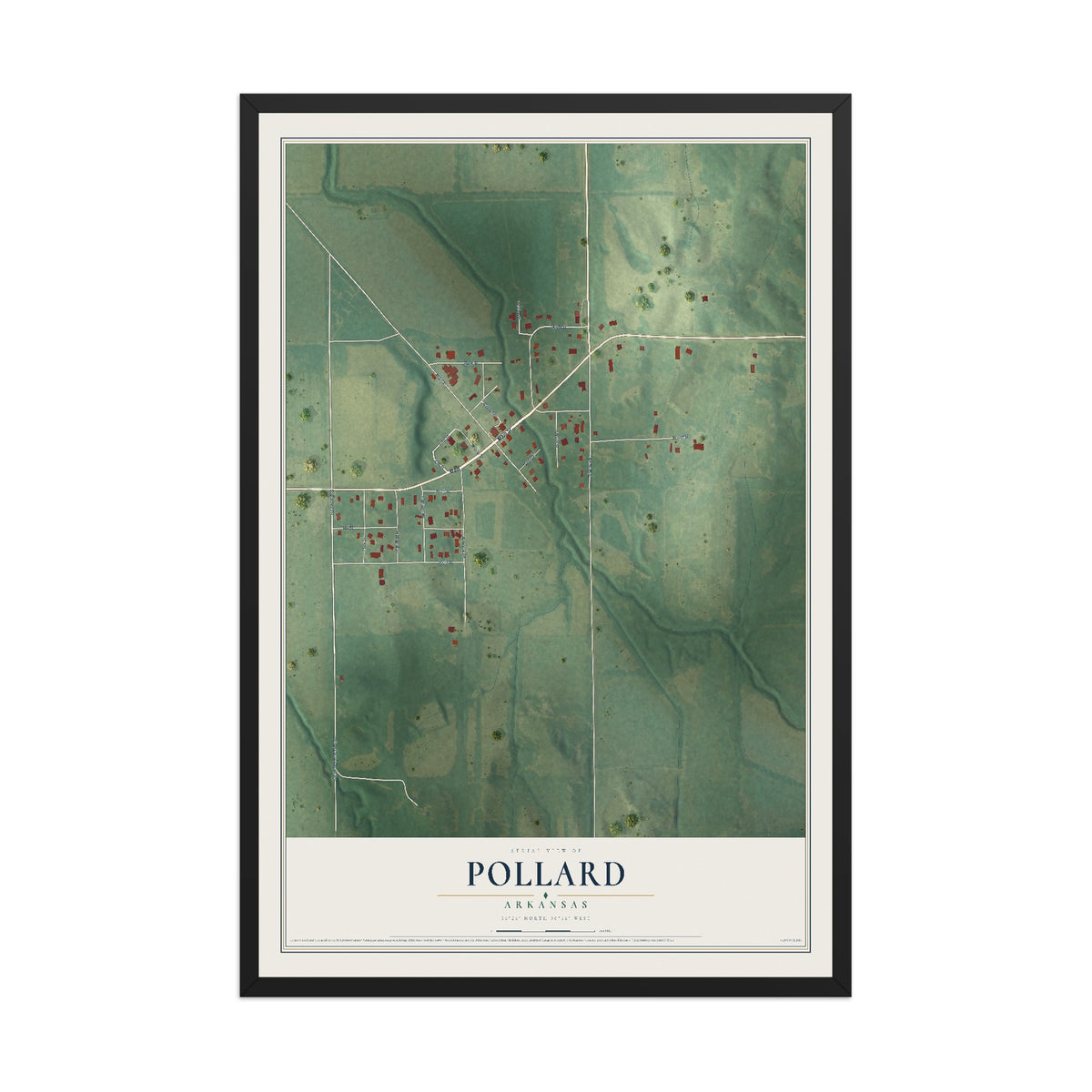 Map of Pollard, Arkansas, 12 x 18 inch print in a black wood frame