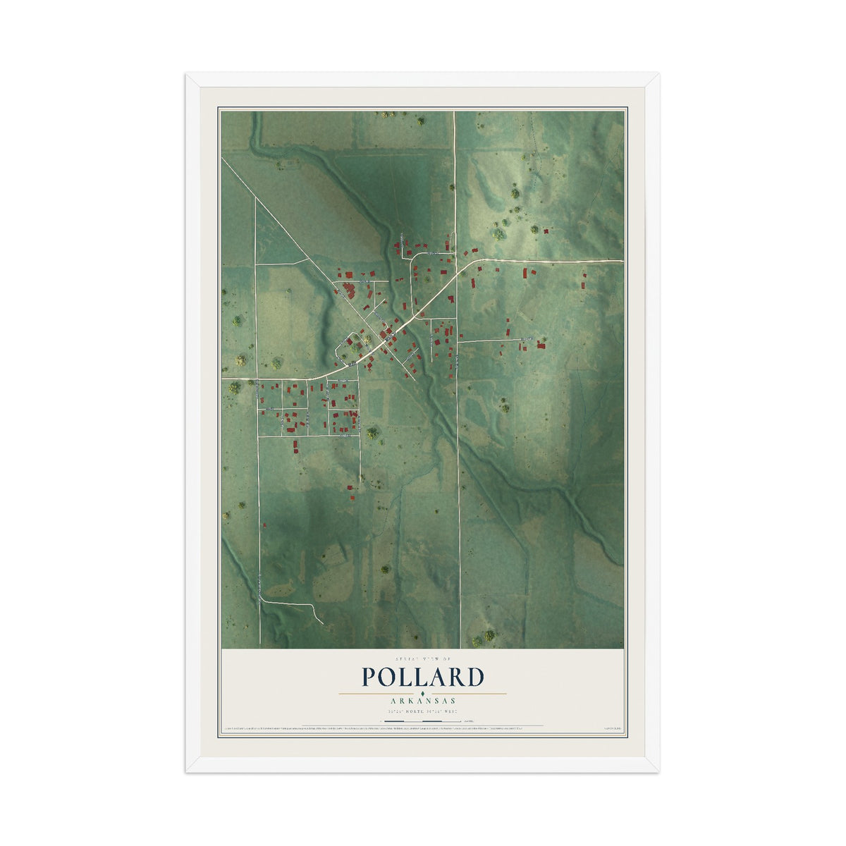 Map of Pollard, Arkansas, 12 x 18 inch print in a white wood frame