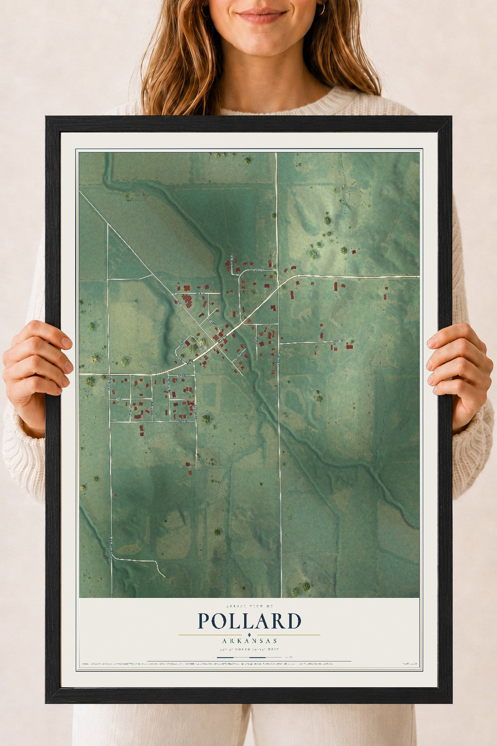 Map of Pollard, Arkansas, 18 x 24 inch print in a black wood frame