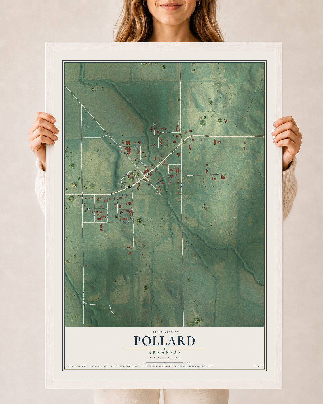 Map of Pollard, Arkansas, 24 x 36 inch print in a white wood frame