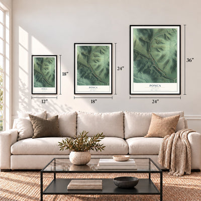 Ponca, Arkansas map in 12 x 18, 18 x 24 and 24 x 36 inch sizes above a sofa
