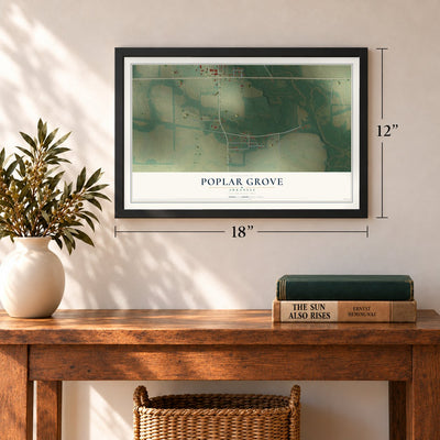 Poplar Grove, Arkansas map, 12 x 18 inch print in a black frame in an entryway