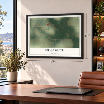 Poplar Grove, Arkansas map, 18 x 24 inch print in a black frame in a home office