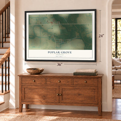 Poplar Grove, Arkansas map, 24 x 36 inch print in a black frame above a dresser by a staircase