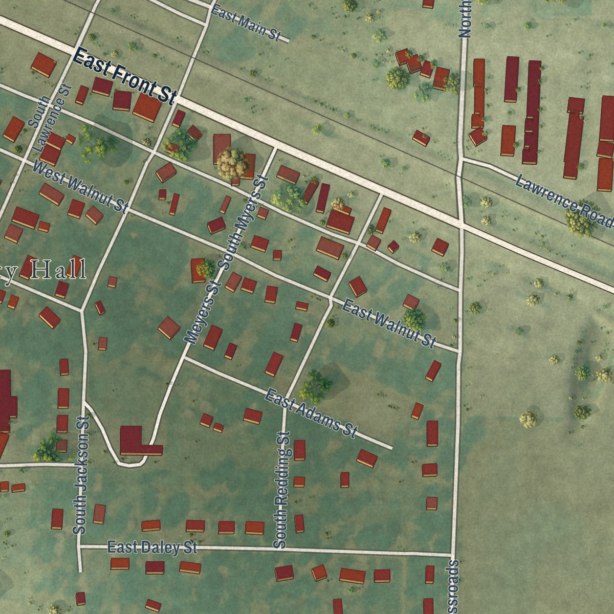 Close-up of the map of Portia, Arkansas print showing street and building detail