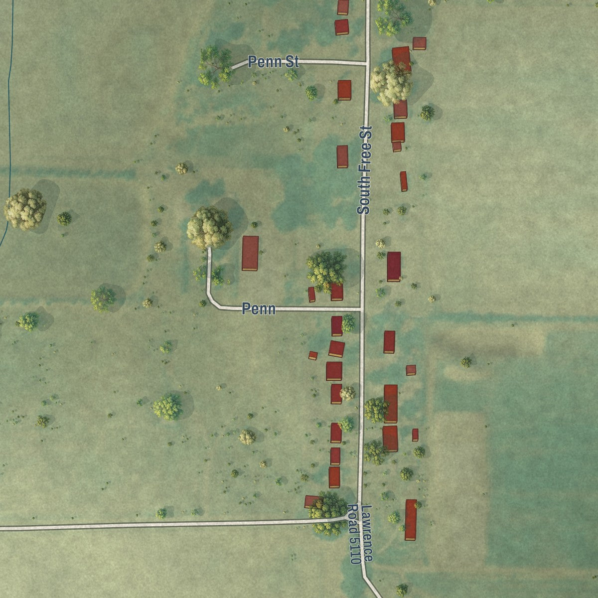 Second close-up of the map of Portia, Arkansas print showing more streets and buildings