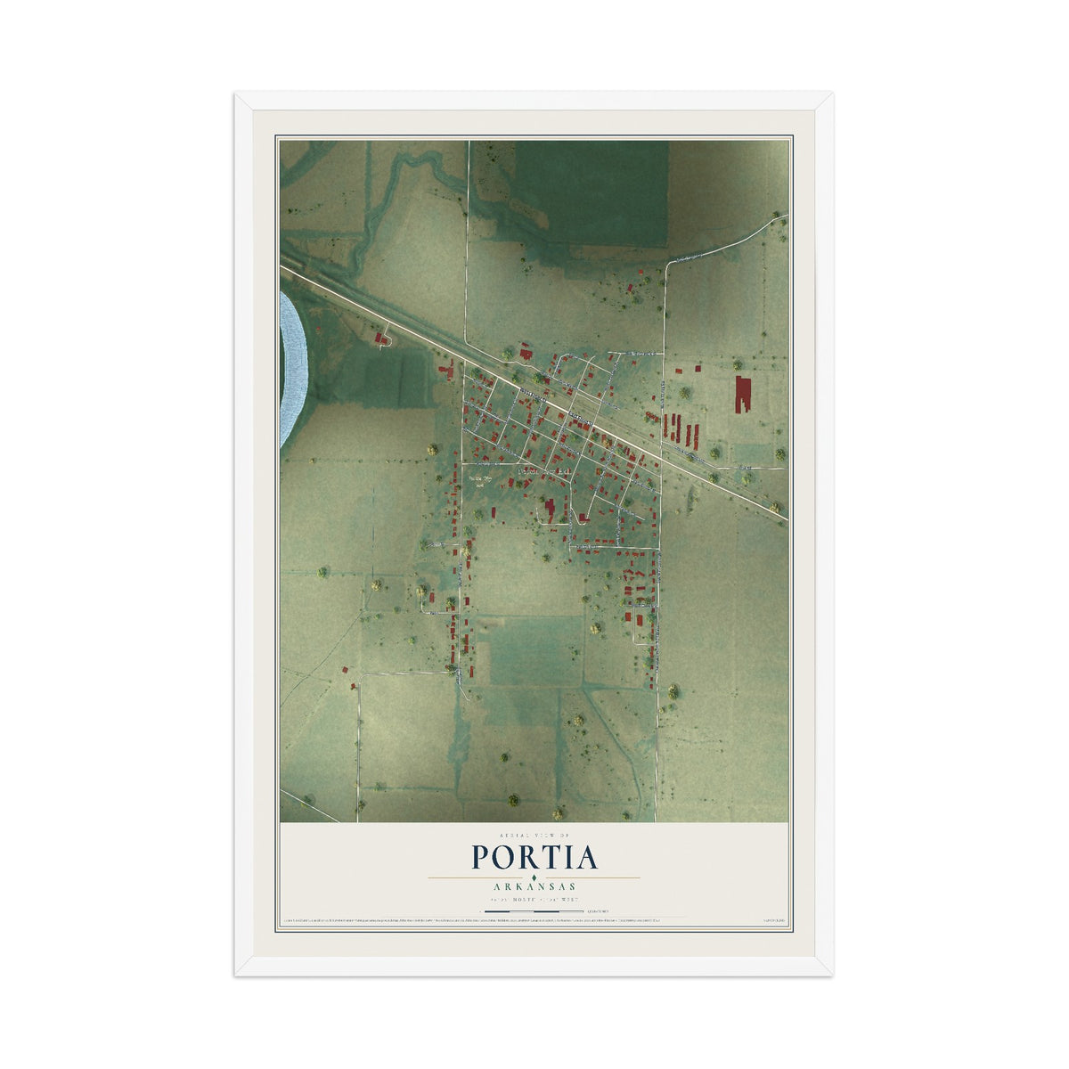 Map of Portia, Arkansas, 12 x 18 inch print in a white wood frame