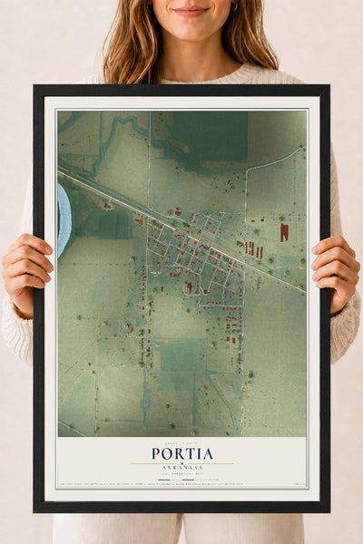 Map of Portia, Arkansas, 18 x 24 inch print in a black wood frame